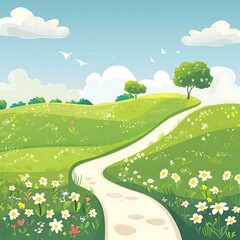 Canvas Print - Spring Meadow Path with Blooming Flowers and Lush Green Grass