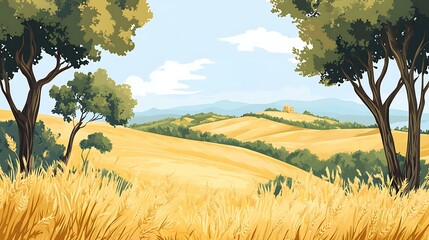 Wall Mural - Summer Landscape With Rolling Hills And A Small Castle In The Background