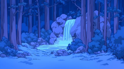 Serene blue forest scene featuring a tranquil waterfall amidst lush vegetation.