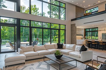 Wall Mural - Beautiful living room interior in new luxury home with open concept floor plan. Shows kitchen, dining room, and wall of windows with amazing exterior.