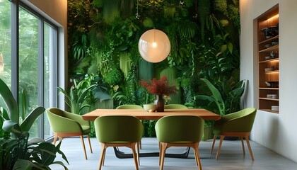 Wall Mural - Chic Dining Space Embraced by a Lush Green Wall