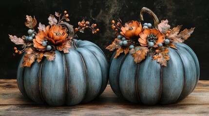 Poster - Decorative pumpkins with metallic finishes displaying intricate designs on a neutral background