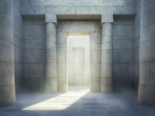 Poster - Charming Architectural Doorway Framed by Building Facade, Showcasing Textured Surfaces and Intricate Details in a Warm, Inviting Atmosphere