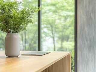 Poster - Elegant Green Plant in a Clear Vase on a Minimalist Table, Adding a Touch of Nature and Freshness to Modern Interior Décor