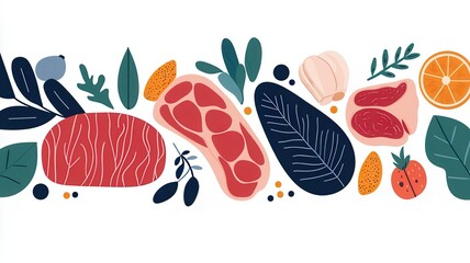 A colorful illustration featuring various types of meat and fresh produce, showcasing a vibrant food arrangement with leafy greens and fruits.