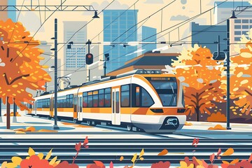 Canvas Print - Autumn Train Illustration with City Skyline