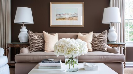 Living room with chocolate brown walls, a soft beige sofa, and warm-toned lighting for a cozy atmosphere   warm living space, elegant design