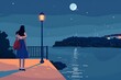 © duyina1990 - Woman Watching the Moon at Night by the Sea