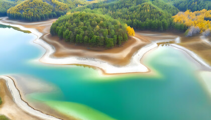 Aerial view of autumn坝上grasslands with lakes like watercolors.