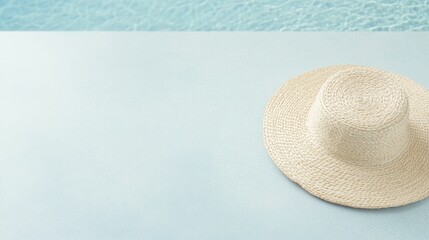 Wall Mural - Summer Vibes: A Relaxing Scene Featuring a Colorful Hat Resting on the Edge of a Shimmering Pool Under Clear Blue Skies