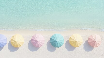 Canvas Print - Sunny Beach Scene with Colorful Umbrellas on Soft Sand, Inviting Relaxation and Leisure by the Ocean Waves Under a Clear Blue Sky