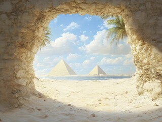 Wall Mural - Tranquil Beach Scene Overlooking Majestic Pyramids Under a Clear Blue Sky, Blending Natural Beauty with Iconic Architectural Wonders