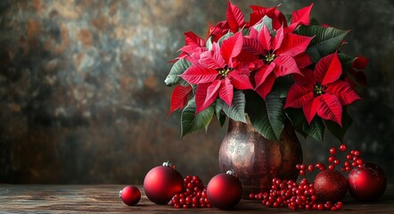 Poster - Poinsettia arrangement with red ornaments on a wooden table during the holiday season