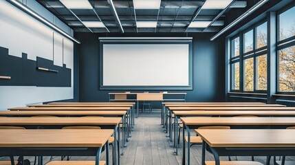 A modern classroom interior featuring a large whiteboard and a retractable projection screen at the front, with rows of wooden desks neatly arranged.