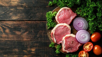 Raw pork steaks surrounded by fresh parsley, purple onion rings, and tomato slices, ready for cooking on a wooden surface