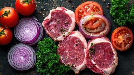 Wall Mural - Raw pork steaks surrounded by fresh parsley, purple onion rings, and tomatoes, ready for cooking on a rustic table