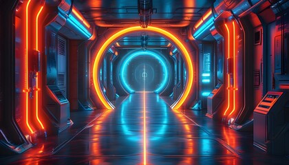 Wall Mural - Futuristic corridor illuminated by glowing neon lights, lined with high-tech equipment, leading to a luminous circular portal