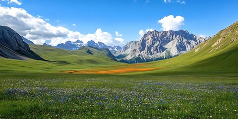 Wall Mural - Mountain Meadow with Wildflowers and Blue Sky