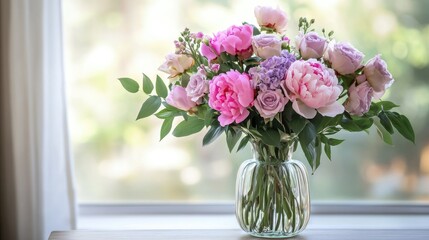 Wall Mural - Springtime bouquet of pink peonies and lilac eustoma roses with fresh green leaves in a simple glass vase. Elegant summer home decor