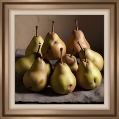  A collection of juicy pears in a box, displayed on a warm brown surface, highlighting their freshness and appeal.