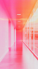 Poster - Pink hallway with glass windows, light reflecting off the floor.