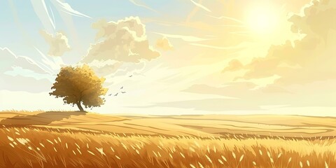 Canvas Print - Golden Wheat Field Landscape Illustration with Single Tree Under a Sunny Sky