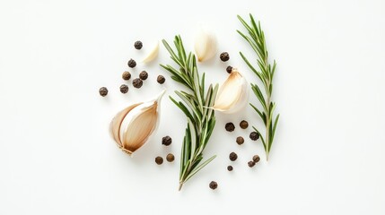 Wall Mural - Top-down view of garlic, rosemary, and peppercorns on a white background. A minimalist arrangement ideal for cooking or ingredient concepts.