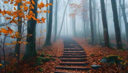 Wall Mural - Misty Forest Pathway Surrounded by Autumn Colors