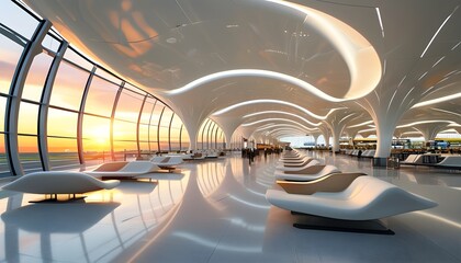 Wall Mural - Futuristic airport lounge showcasing flowing ceiling design, sleek white seating, and expansive windows illuminated by sunset glow