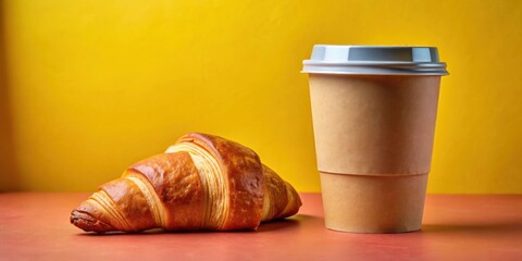 An open paper cup of coffee paired with a tasty croissant on a colorful background