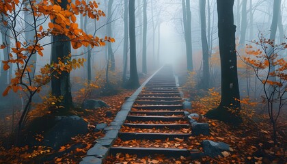 Wall Mural - Misty Forest Pathway Surrounded by Autumn Colors