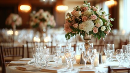 Wall Mural - Wedding reception hall featuring beautifully arranged tables with floral arrangements and candles. A classic, elegant setup.