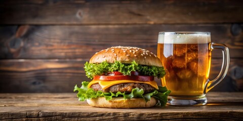 A mouth-watering hamburger with beer on a wooden table