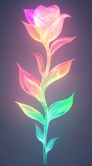 Canvas Print - A glowing, iridescent rose with pink petals and green leaves.