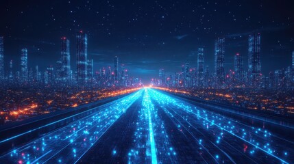 Futuristic Cityscape with Illuminated Road at Night