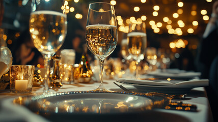 Wall Mural - A beautifully arranged table setting at a Golden Globe Awards after-party, with fine dining, drinks, and elegantly dressed guests socializing in the background. Ai generated