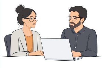 Illustration of a modern workspace scene featuring two professionals collaborating over a laptop, engaged in productive conversation.