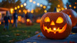 © Kiron - A festive display of creatively carved pumpkins glowing in the twilight, with children running around and playing at a pumpkin carving festival. Ai generated