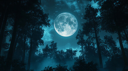 Wall Mural - dark night sky with a full moon illuminating a spooky forest