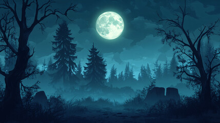 Wall Mural - dark night sky with a full moon illuminating a spooky forest