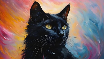 Wall Mural - Vibrant Swirl of Colors Surrounding a Striking Black Cat Portrait