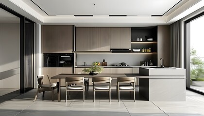 Wall Mural - Sleek and Stylish Modern Minimalist Kitchen and Dining Space