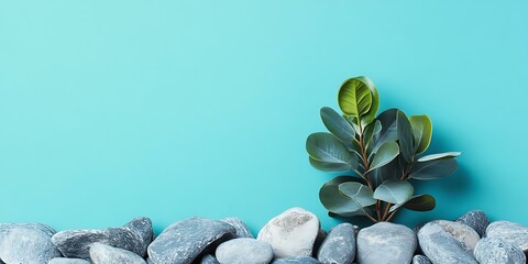 Sticker - Green Plant With Stones On Blue Background