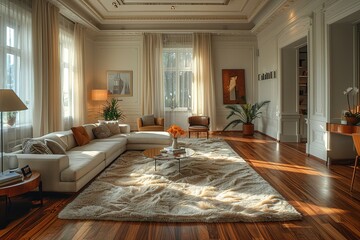 Wall Mural - Beautiful and large living room interior with hardwood floors, fluffy rug and designer furniture.