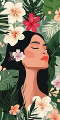 Sticker - Woman with Closed Eyes in Tropical Flowers