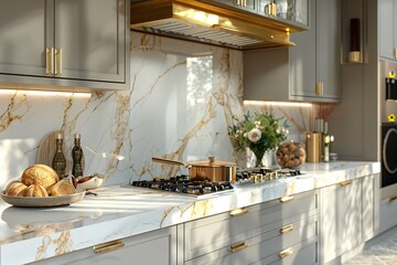 Wall Mural - Hollywood Regency-style glam kitchen with marble countertops and gold fixtures.