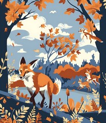 Poster - Autumn Forest Illustration with Fox and Leaves