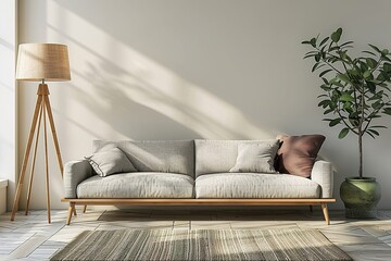 Wall Mural - Home interior mock-up with gray sofa, wooden floor lamp and green vase in bright living room, 3d render, 3d illustration, high resolution , high quality , shot on professinal camera.