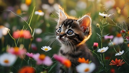 Wall Mural - Playful Kitten Exploring a Vibrant Floral Wonderland