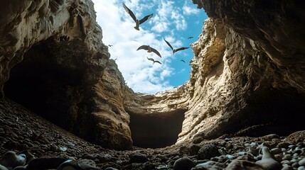 Canvas Print - Sea Birds Flying Through A Cave Opening